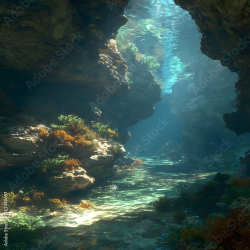 Wallpaper Mural Sunlight streams into an underwater cave, illuminating rocks, vibrant plants, and turquoise water, creating a serene seascape. Torontodigital.ca