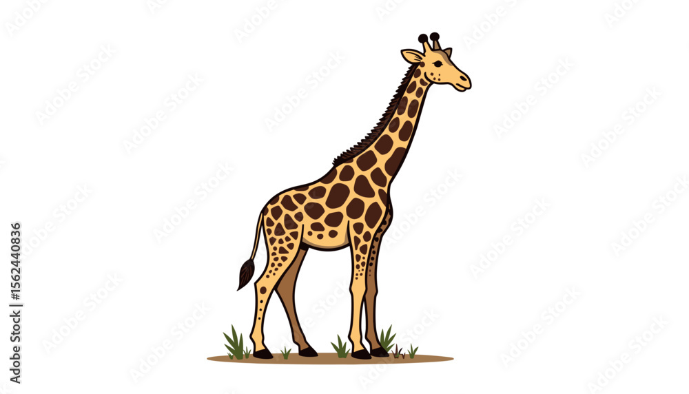Fototapeta premium Tall giraffe illustration standing amidst grass with distinctive patterns on a light background