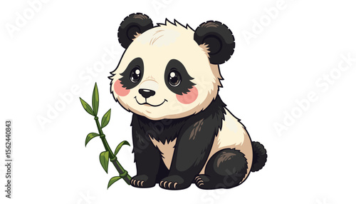 Adorable panda cub sitting with bamboo on a light background, displaying a charming expression
