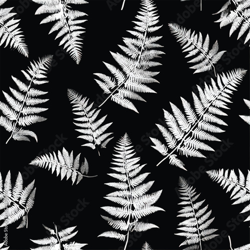 White fern fronds scattered on a dark black ground pattern