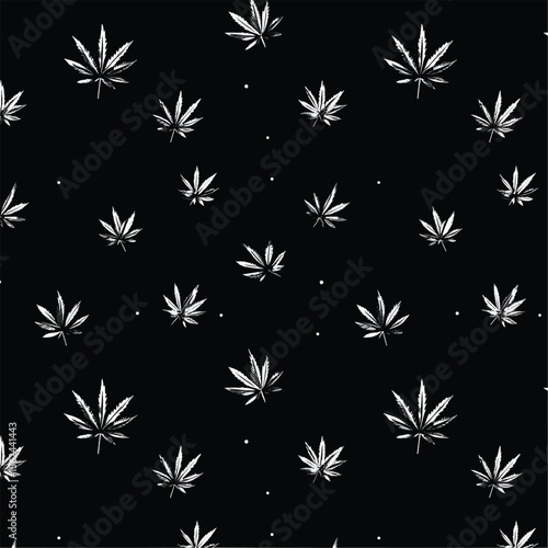 White hemp leaves pattern on a black background, minimalist art