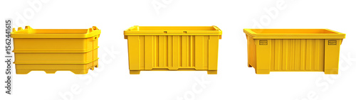 Pack Collection Yellow Plastic Storage Bins Industrial Container Variations set against transparent background