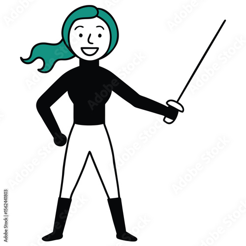 Cartoon girl fencer with silver foil sword in dynamic pose on white background