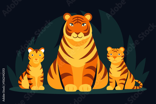 Majestic Tiger Family Mother and Cubs in Lush Jungle Habitat