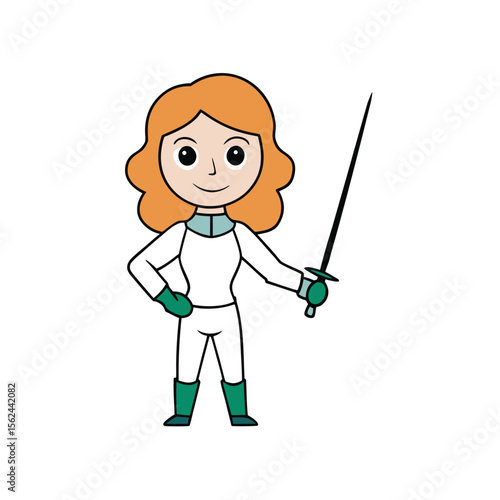 Cartoon girl fencer in action holding a silver foil with a white fencing uniform