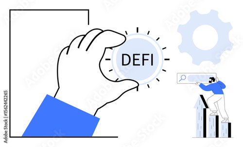 Hand holding DeFi token, gears symbolizing innovation, businessman on buildings exploring search results. Ideal for blockchain, finance, technology, innovation, digital transformation, analytics