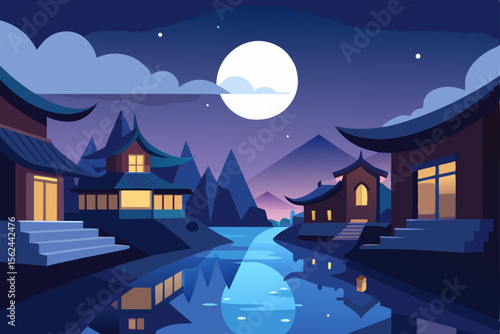 Serene Nightscape Moonlit Asian Village Illustration