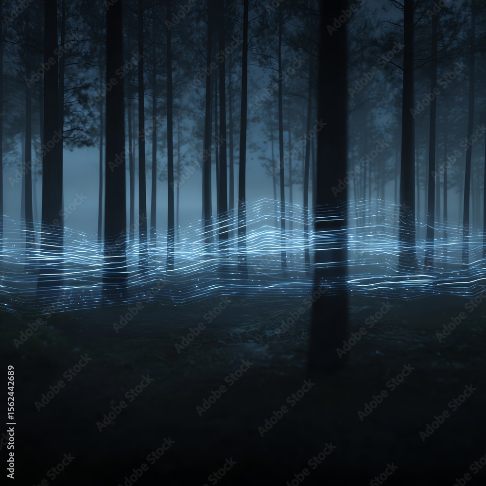 Fototapeta premium A dark forest scene illuminated by ethereal blue light waves flowing horizontally among tall, slender trees at night.