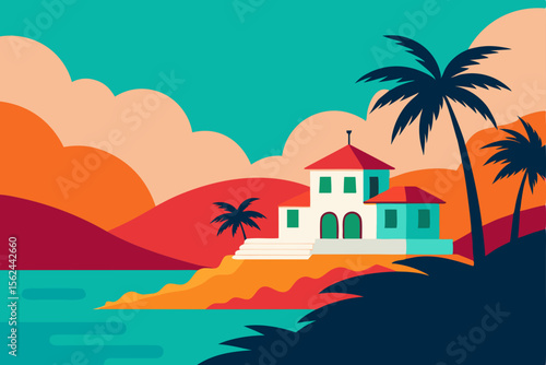 Coastal Villa Sunset Tropical Paradise Illustration