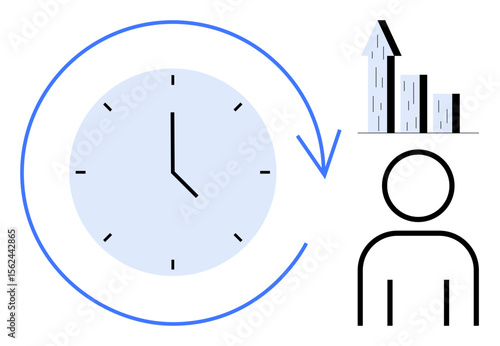 Large clock with curved arrow, ascending bar chart, and person outline. Ideal for time management, productivity, personal growth, planning, efficiency, success visualization simple landing page
