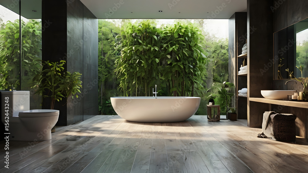 Fototapeta premium Luxurious modern bathroom with bathtub and large window with plants and tree