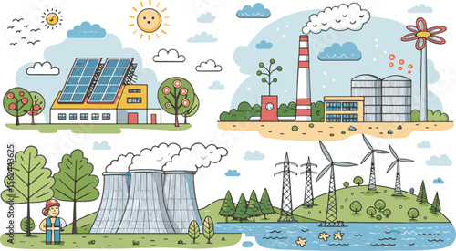Renewable energy power distribution with house office factory buildings, solar panel plant station, wind and high voltage electricity grid pylons, electric transformer. Vector illustration EPS 10.