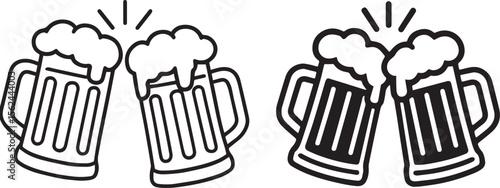 Beer mugs cartoon cheers. Drink icon set. Alcohol symbol in black design. Beer mugs icon toasting. vector set of silhouette of Beer Mugs Cheer.