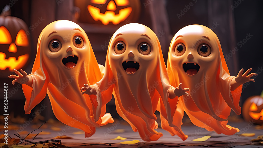 Fototapeta premium puppets, little strange creatures, cute monsters, halloween decor, pumpkin patch, orange costumes, big eyes, curious expressions, whimsical design, spooky yet adorable