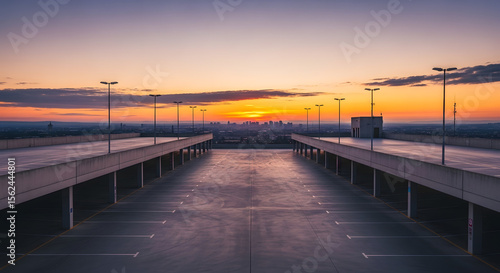 Empty parking deck at sunset, with city skyline visible in the distance under a colorful sky.