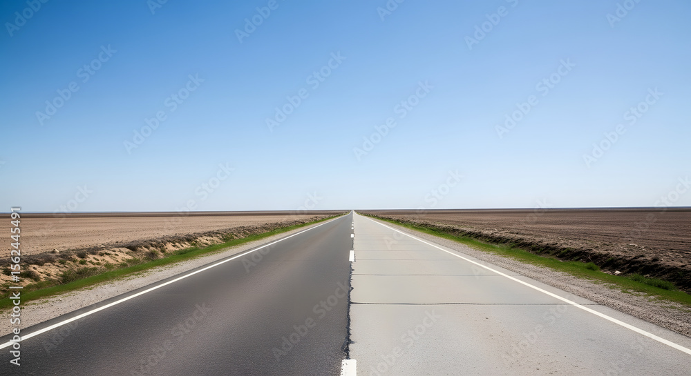 Fototapeta premium A long, straight road stretches through a vast, open landscape under a clear, blue sky.