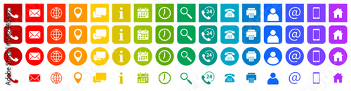 Set of contact icons. Phone, fax, mail, location pin and website. Search, support, info, calendar and clock. Schedule and working hours. Set of multicolored round and square icons.