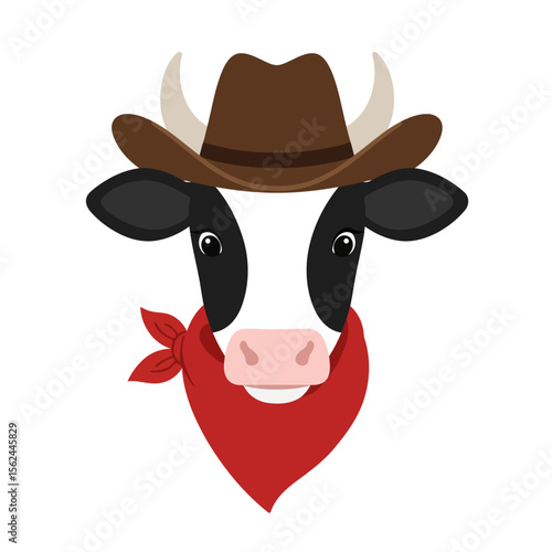 A cow with a cowboy hat and a bandana