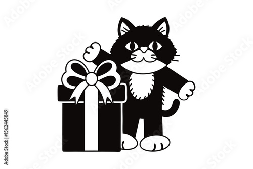 Whimsical monochrome cat character stands beside a wrapped gift with a big white bow adorning it