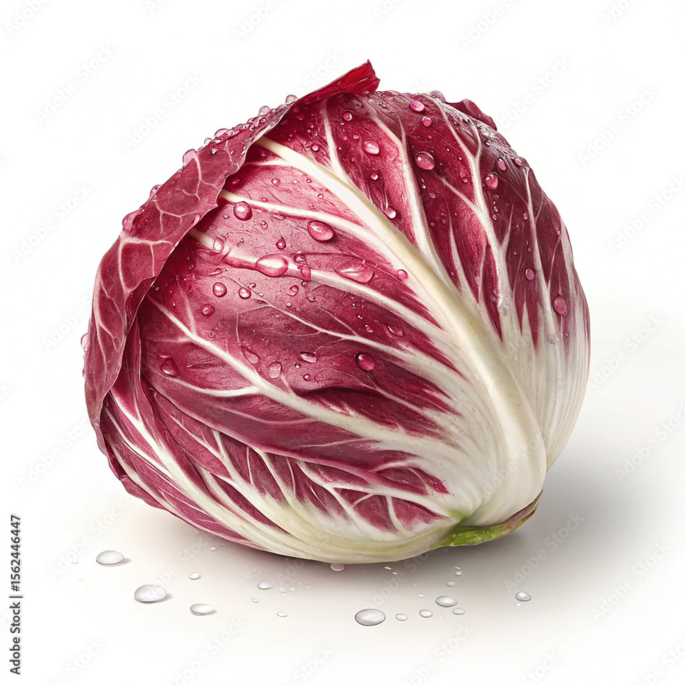 Fresh Radicchio Head with Water Droplets on White Background Fresh Radicchio Head with Water Droplets on White Background