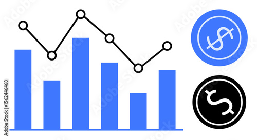 Bar chart and line graph showing data trends with dollar icons on the side. Ideal for finance, business analysis, investment, data trends, economic reports, statistics, and success visualization