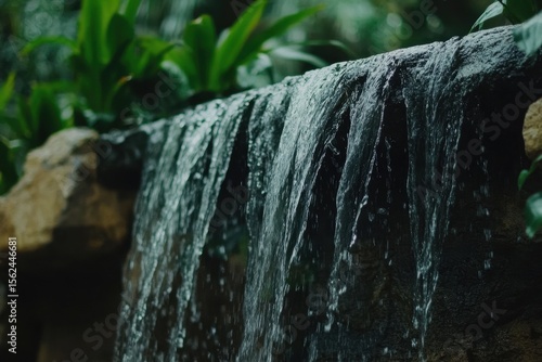 Discovering serenity at a small tropical waterfall surrounded by lush greenery, Beautiful tilt shot on small, tropical waterfall wide shot