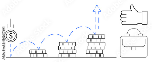 Stacked coins with upward arrow showing growth, dollar coin drop, approving hand, briefcase. Ideal for finance, investment, profitability, growth planning, business success savings simple landing