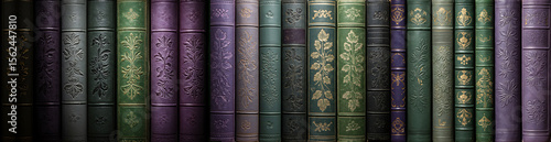 Books in embossed, worn bindings in green and purple colours are tightly packed on the shelves in the library. Study, classroom, university, office, library. Education Template, banner, post, networks