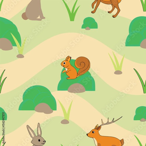 Cartoon forest animal pattern with rabbit, squirrel, and deer illustrations
