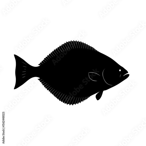 Black Halibut Silhouette with Fine Fin Details on White Background