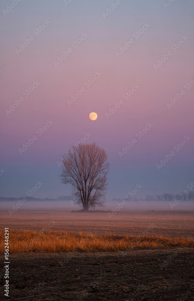 Fototapeta premium Full moon rising over misty field with bare tree at twilight