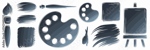 Hand-drawn blue brush stroke icons of canvas palette and easel