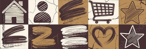 Hand-drawn brush stroke icons with grunge texture on rough background