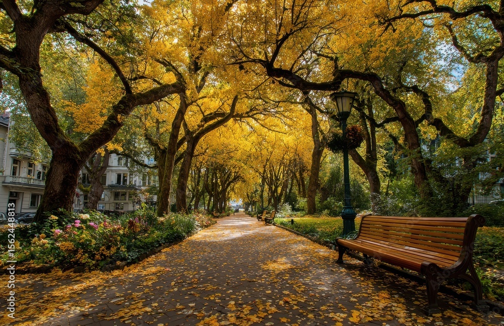 Naklejka premium Pathway covered with golden leaves in autumn park