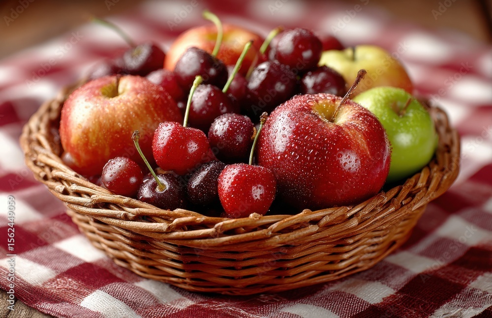 Wicker basket brimming with fresh apples and cherries Wicker basket brimming with fresh apples and cherries