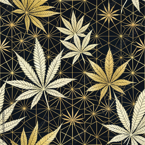 Elegant cannabis sativa leaves pattern in golden geometric background