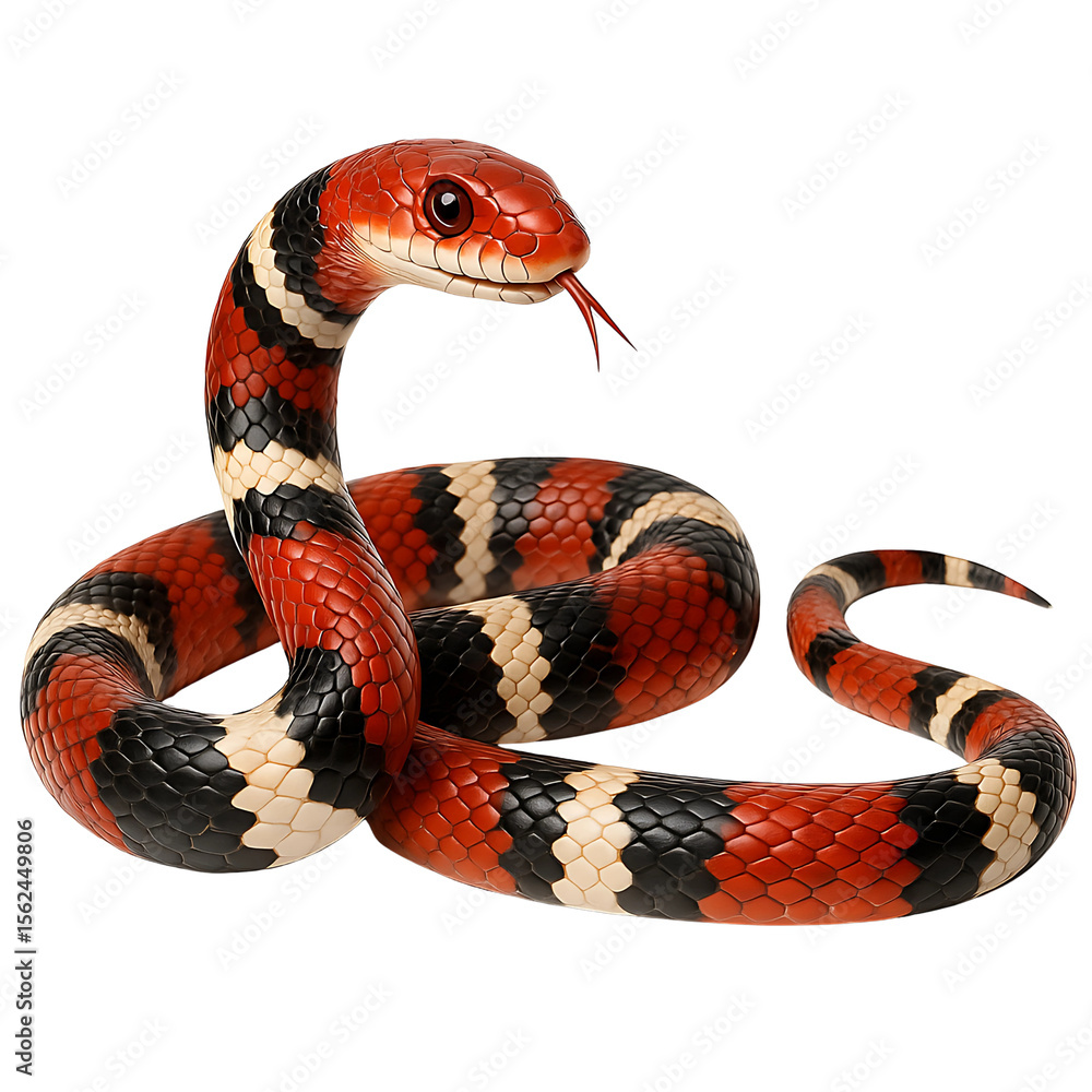 Fototapeta premium Isolated snake image, multicolored black, red and white, close-up, transparent background