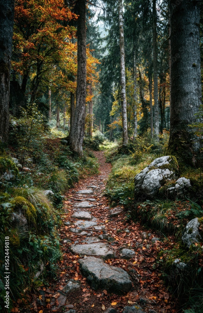 Obraz premium Stone path winding through a colorful autumn forest