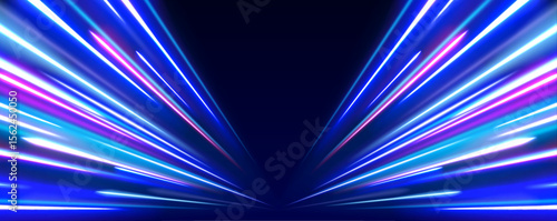 Vector speed of light in space on dark background. Abstract background in blue, yellow and orange neon colors. Magic of moving fast lines. Laser beams, horizontal light rays. Particle motion effect.	