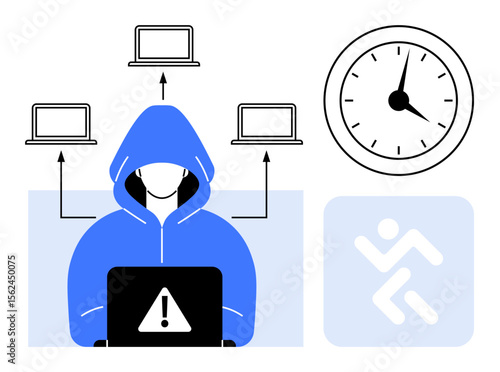 Hooded figure at laptop with alert sign, networked devices, clock, and exit symbol. Ideal for cybersecurity, hacking, technology risks, time sensitivity, spreading malware network vulnerability