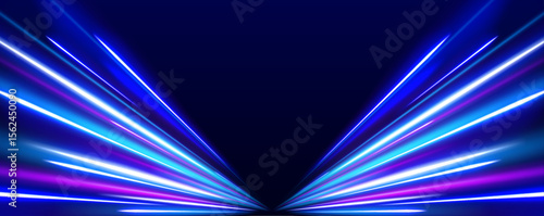 Panoramic high speed technology concept, light abstract background. Image of speed motion on the road. Abstract background in blue and purple neon glow colors.	
