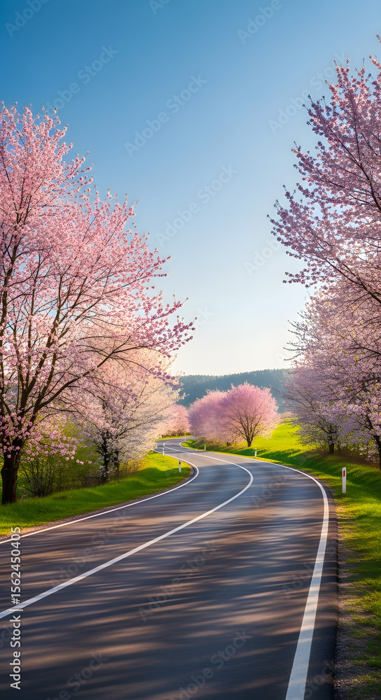 Fototapeta premium A winding road lined with blossoming cherry trees under a clear blue sky, creating a scenic springtime landscape.