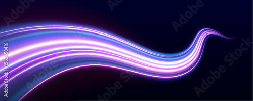 Neon beams speed down a dark road, creating a sense of endless movement. The vibrant colors and glowing lights emphasize the fast pace of modern technology.	