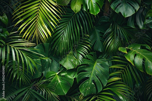 Fototapeta Naklejka Na Ścianę i Meble -  beautiful green jungle of lush palm leaves, palm trees in an exotic tropical forest, tropical plants nature concept for panorama wallpaper, selective sharpness