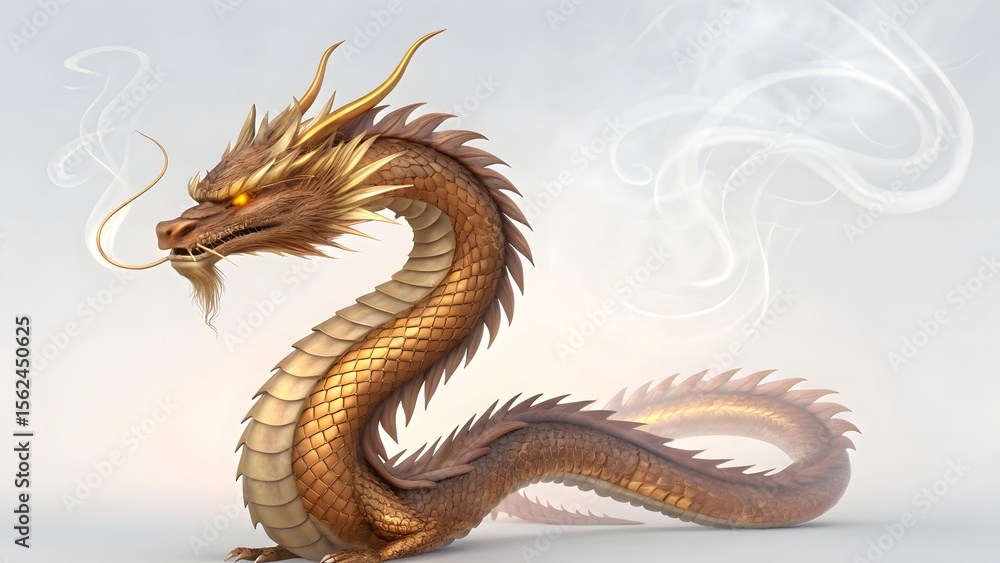 Fototapeta premium Stylized Elegant Eastern Dragon Illustration with Golden Scales and Smoke – 3D Render