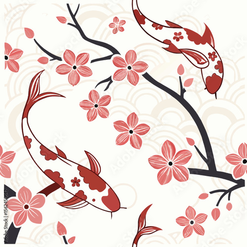 Two koi fishes swimming near blooming cherry blossom branches
