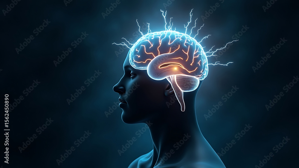 Obraz premium A glowing brain with electrical sparks represents intelligence, innovation, and the power of the human mind