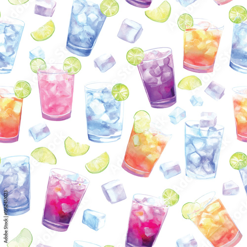 Colorful cocktails with ice and lime slices seamless pattern design