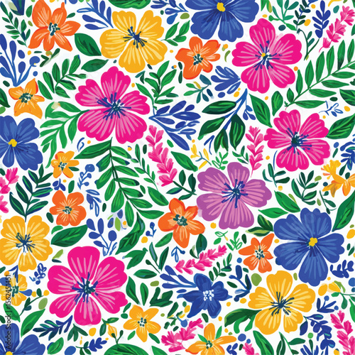 Colorful floral pattern with assorted flowers and green leaves on white background