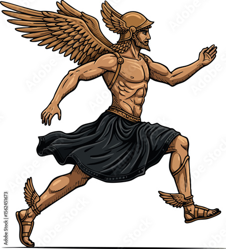 Winged Greek Messenger God Hermes Running Illustration with Black Skirt and Helmet 